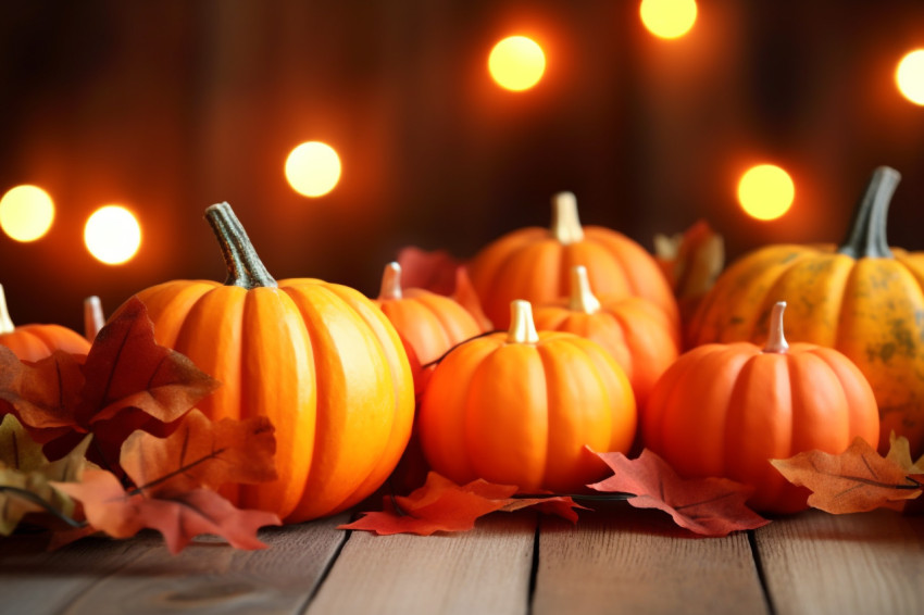 A photo of small pumpkins and leaves on a rough wooden table with lights and a blurry background A photo of small pumpkins and leaves on a rough wooden table with lights and a blurry background