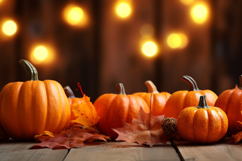 A photo of small pumpkins and leaves on a rough wooden table with lights and a blurry background A photo of small pumpkins and leaves on a rough wooden table with lights and a blurry background