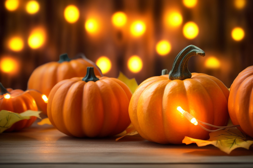 A photo of small pumpkins and leaves on a rough wooden table with lights and a blurry background A photo of small pumpkins and leaves on a rough wooden table with lights and a blurry background