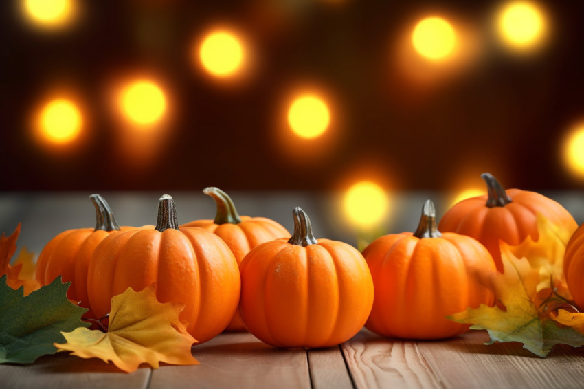 A photo of small pumpkins and leaves on a rough wooden table with lights and a blurry background A photo of small pumpkins and leaves on a rough wooden table with lights and a blurry background