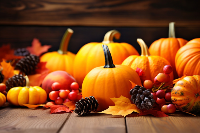 Thanksgiving or autumn picture of pumpkins leaves and berries on a wooden table Thanksgiving or autumn picture of pumpkins leaves and berries on a wooden table