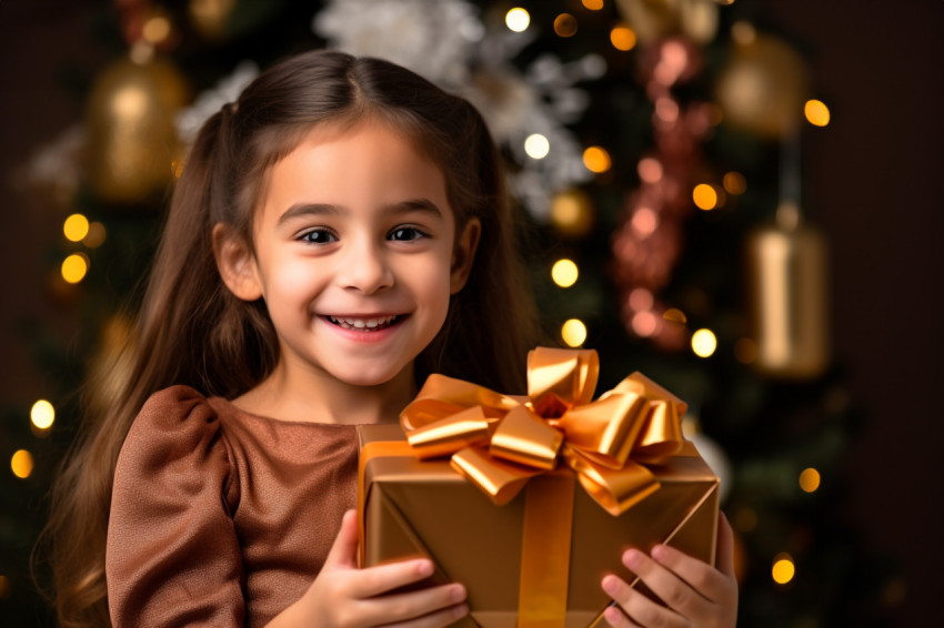 Cute girl holds brown gift box for Christmas and Thanksgiving Cute girl holds brown gift box for Christmas and Thanksgiving