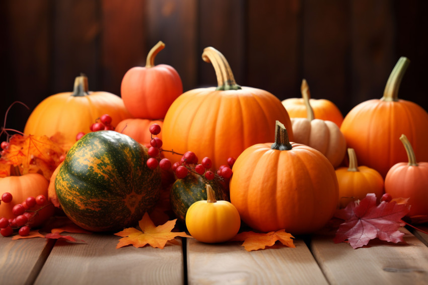 Thanksgiving or autumn picture of pumpkins leaves and berries on a wooden table Thanksgiving or autumn picture of pumpkins leaves and berries on a wooden table