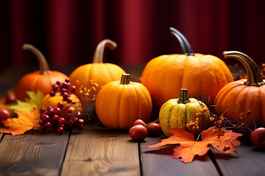 Thanksgiving or autumn picture of pumpkins leaves and berries on a wooden table Thanksgiving or autumn picture of pumpkins leaves and berries on a wooden table