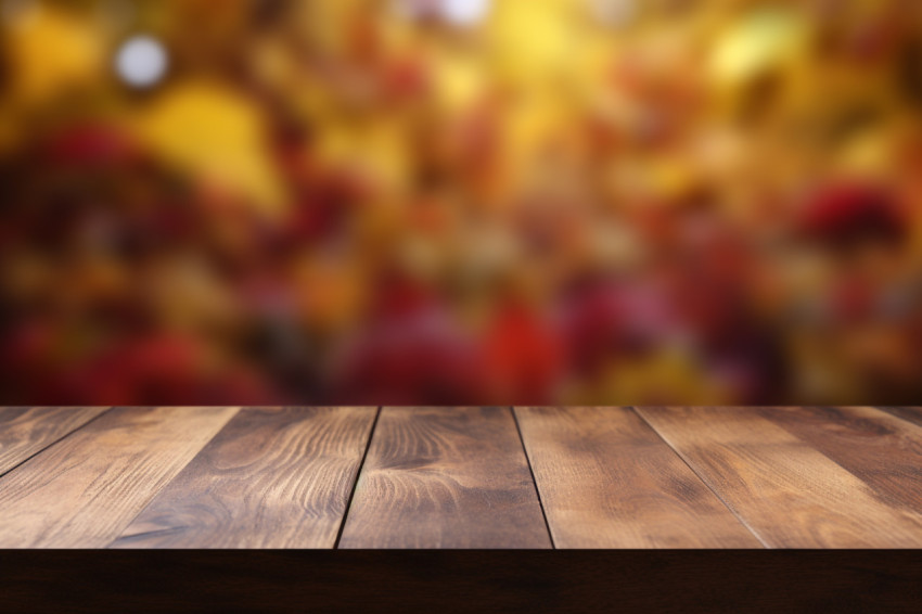 Picture of a table made of wood with a background of autumn leaves Picture of a table made of wood with a background of autumn leaves