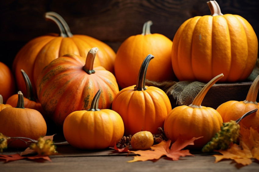 A picture of autumn leaves and pumpkins on a dark wooden table A picture of autumn leaves and pumpkins on a dark wooden table