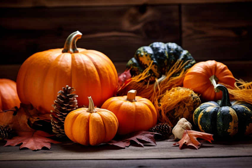 A picture of autumn leaves and pumpkins on a dark wooden table A picture of autumn leaves and pumpkins on a dark wooden table