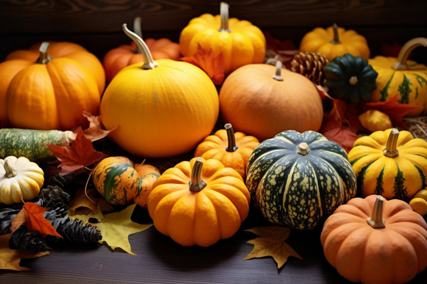 A picture of autumn leaves and pumpkins on a dark wooden table A picture of autumn leaves and pumpkins on a dark wooden table