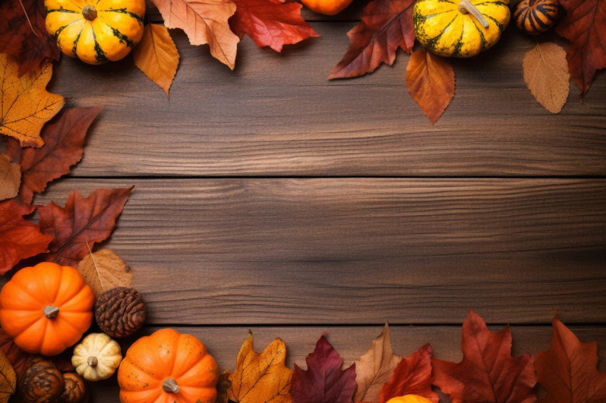 A picture of Thanksgiving decorations made from dry leaves and a pumpkin on an old wooden table A picture of Thanksgiving decorations made from dry leaves and a pumpkin on an old wooden table