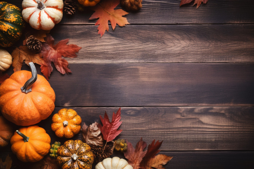 A picture of Thanksgiving decorations made from dry leaves and a pumpkin on an old wooden table A picture of Thanksgiving decorations made from dry leaves and a pumpkin on an old wooden table