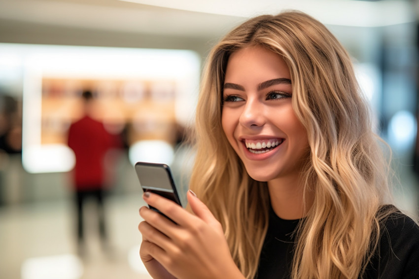 A picture of a young woman shopping in the mall who is looking at and using her smartphone A picture of a young woman shopping in the mall who is looking at and using her smartphone