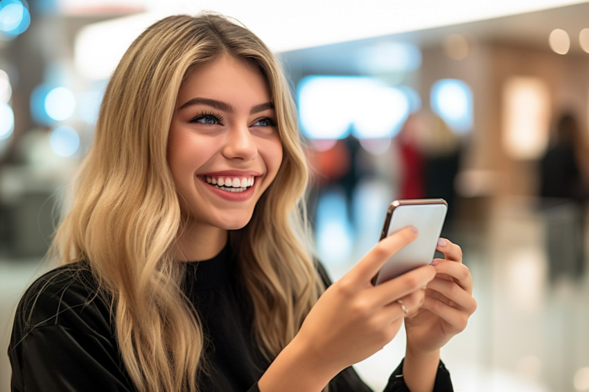 A picture of a young woman shopping in the mall who is looking at and using her smartphone A picture of a young woman shopping in the mall who is looking at and using her smartphone