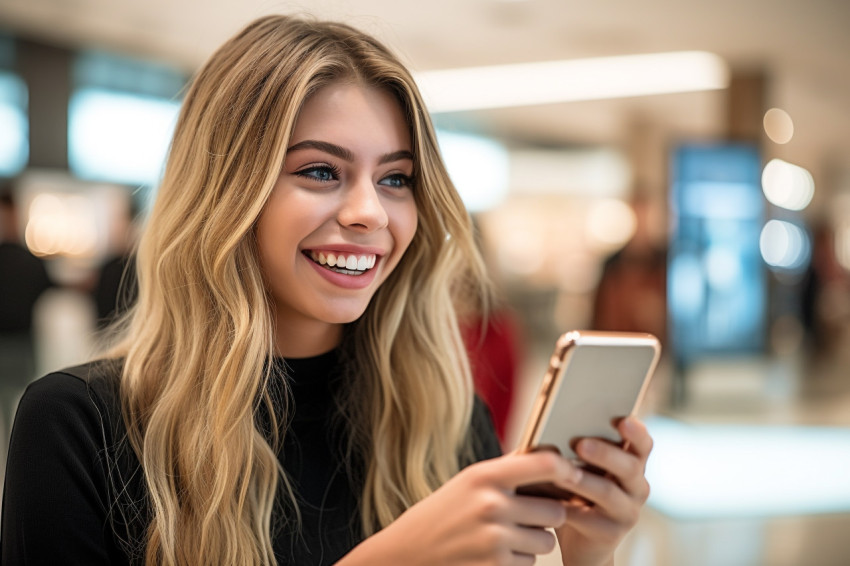 A picture of a young woman shopping in the mall who is looking at and using her smartphone A picture of a young woman shopping in the mall who is looking at and using her smartphone