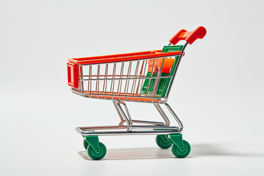 A picture of a shopping cart from the side taken in a studio with a white background