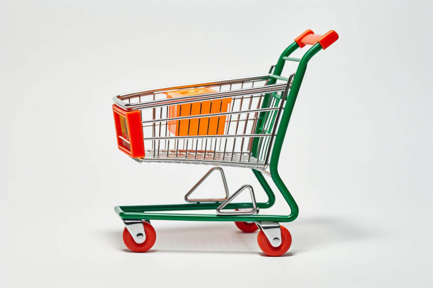 A picture of a shopping cart from the side taken in a studio with a white background