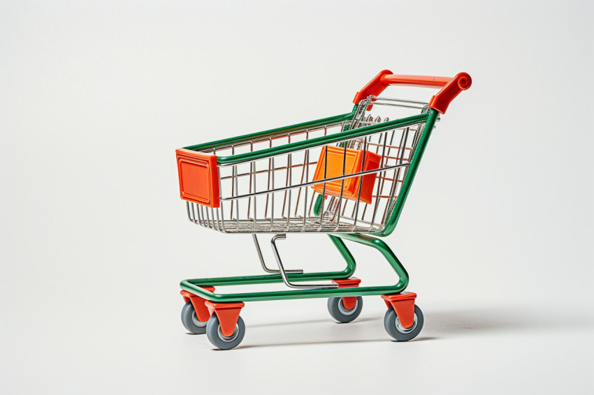 A picture of a shopping cart from the side taken in a studio with a white background