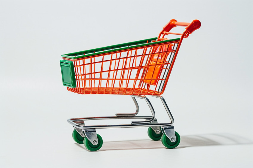 A picture of a shopping cart from the side taken in a studio with a white background