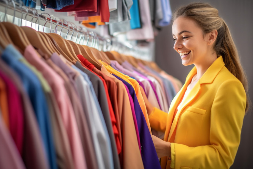 A photo of a happy young woman shopping for clothes in a store. she is looking at a rack of clothes and the background is blurry A photo of a happy young woman shopping for clothes in a store. she is looking at a rack of clothes and the background is blurry