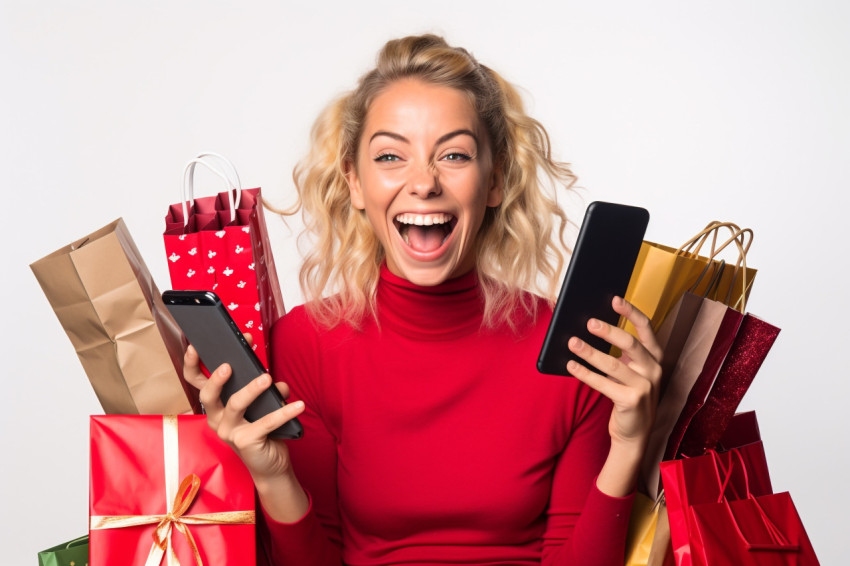 A photo of a happy young woman holding shopping bags and looking at her smartphone A photo of a happy young woman holding shopping bags and looking at her smartphone