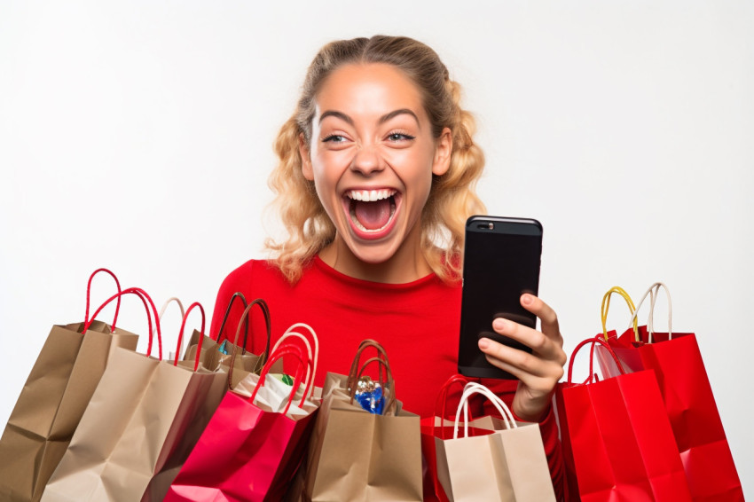 A photo of a happy young woman holding shopping bags and looking at her smartphone A photo of a happy young woman holding shopping bags and looking at her smartphone