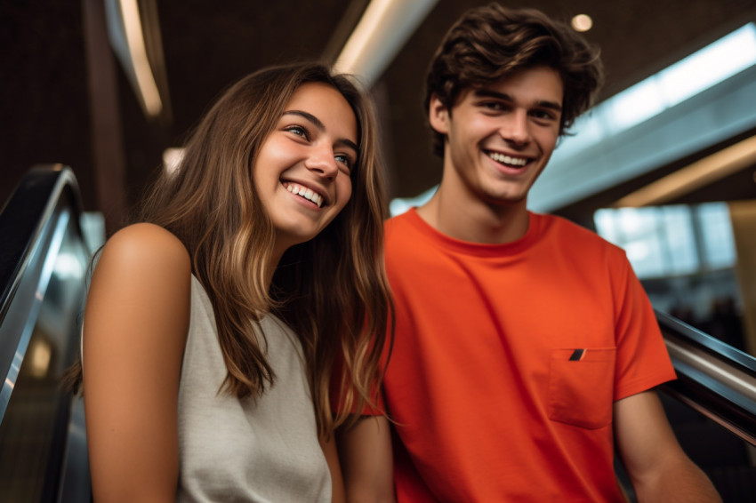 A picture of a happy man and woman standing on a moving staircase in a shopping center