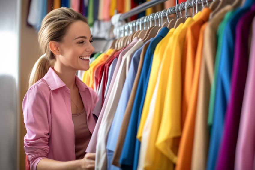 A photo of a happy young woman shopping for clothes in a store. she is looking at a rack of clothes and the background is blurry A photo of a happy young woman shopping for clothes in a store. she is looking at a rack of clothes and the background is blurry
