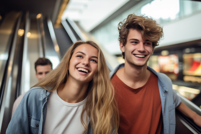 A picture of a happy man and woman standing on a moving staircase in a shopping center