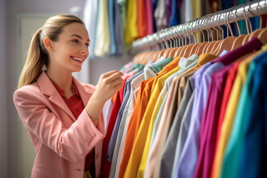 A photo of a happy young woman shopping for clothes in a store. she is looking at a rack of clothes and the background is blurry A photo of a happy young woman shopping for clothes in a store. she is looking at a rack of clothes and the background is blurry