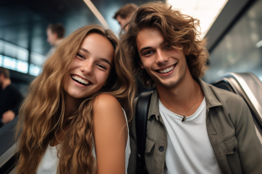 A picture of a happy man and woman standing on a moving staircase in a shopping center