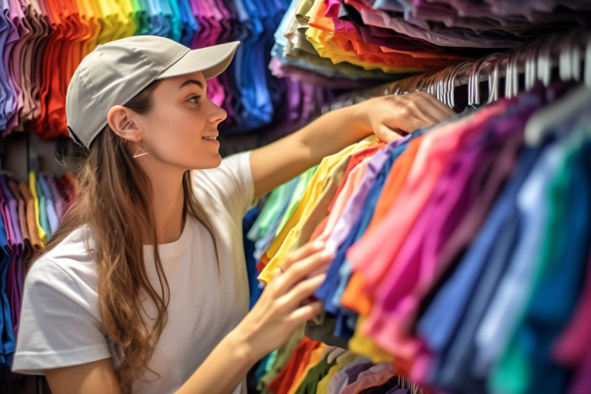 A photo of a young woman shopping in a fashion mall looking through hangers of casual and colorful clothes A photo of a young woman shopping in a fashion mall looking through hangers of casual and colorful clothes