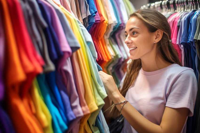 A photo of a young woman shopping in a fashion mall looking through hangers of casual and colorful clothes A photo of a young woman shopping in a fashion mall looking through hangers of casual and colorful clothes