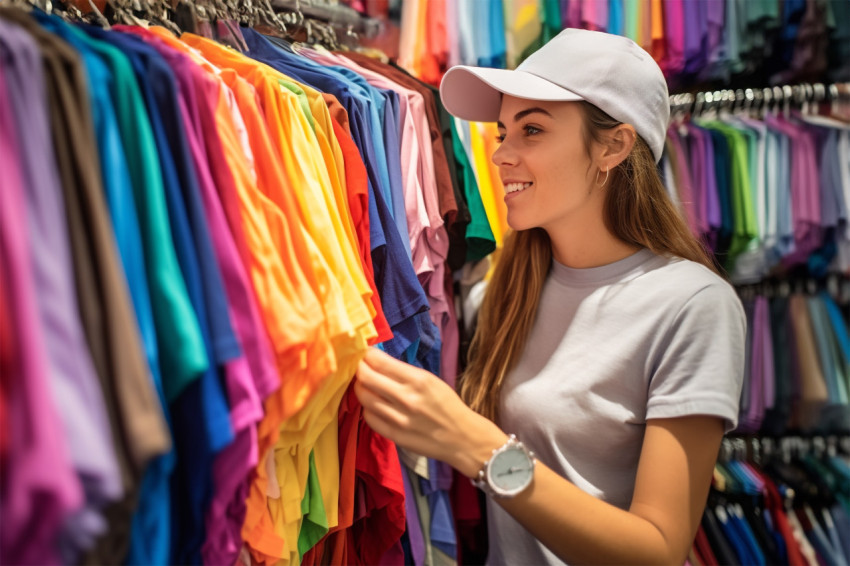 A photo of a young woman shopping in a fashion mall looking through hangers of casual and colorful clothes A photo of a young woman shopping in a fashion mall looking through hangers of casual and colorful clothes