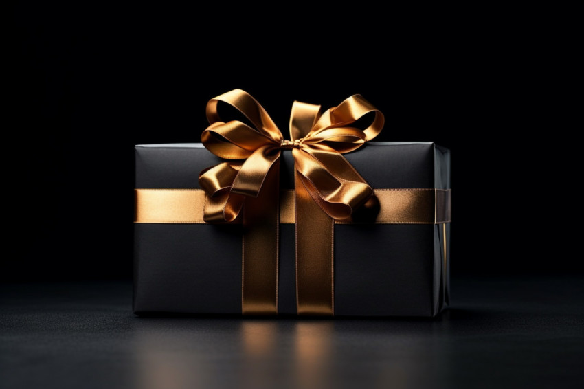 Black gift box with black ribbon on a dark surface Black gift box with black ribbon on a dark surface