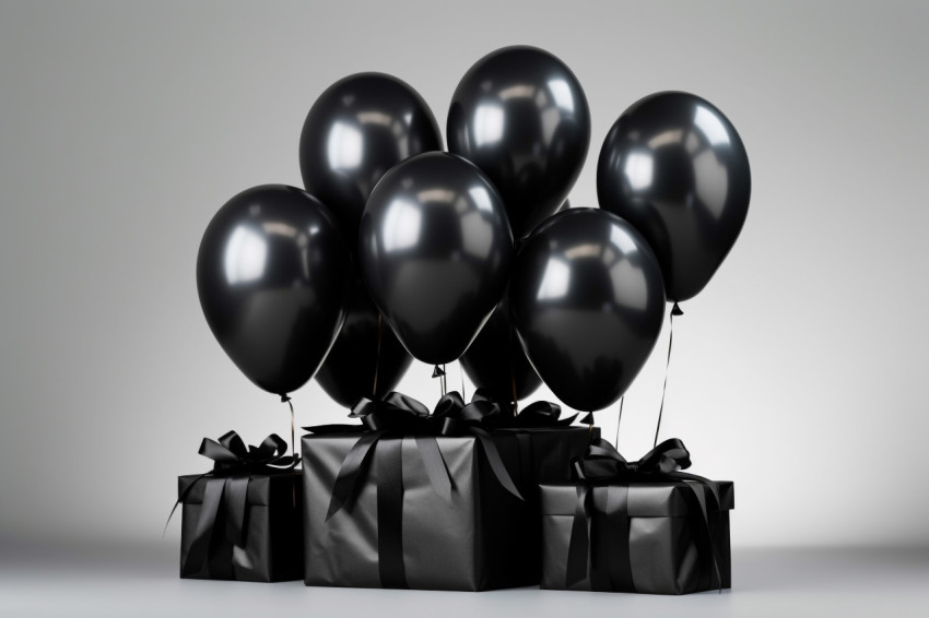 A group of black balloons is tied together and placed next to a gift box on a gray background A group of black balloons is tied together and placed next to a gift box on a gray background
