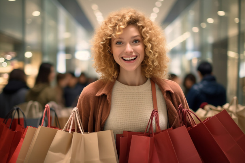 Picture of a confident young woman in casual clothes standing in a mall with bags in her hands Picture of a confident young woman in casual clothes standing in a mall with bags in her hands