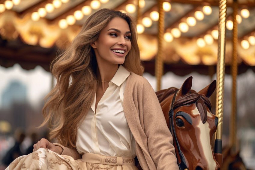 Photo of a woman in a beige coat walking in cloudy Moscow in autumn enjoying herself on a carousel Photo of a woman in a beige coat walking in cloudy Moscow in autumn enjoying herself on a carousel