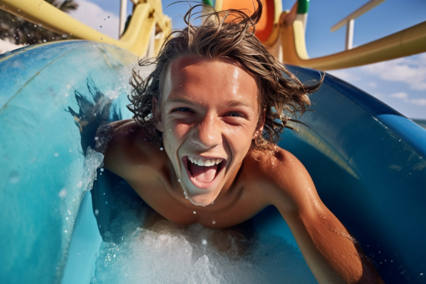 Picture of a young guy going down a water slide Picture of a young guy going down a water slide