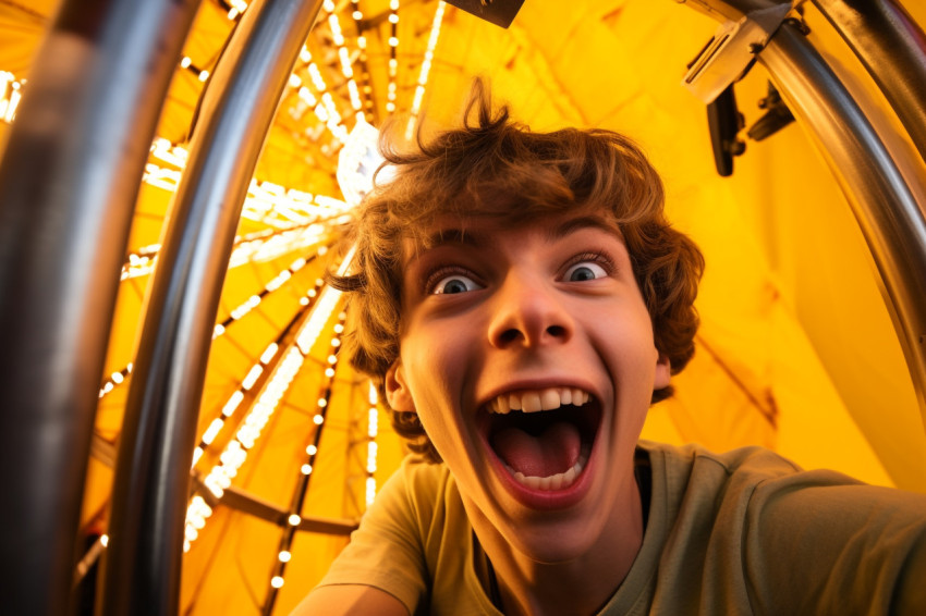 A photo of a very happy young man taking a selfie in a ferris wheel cabin A photo of a very happy young man taking a selfie in a ferris wheel cabin