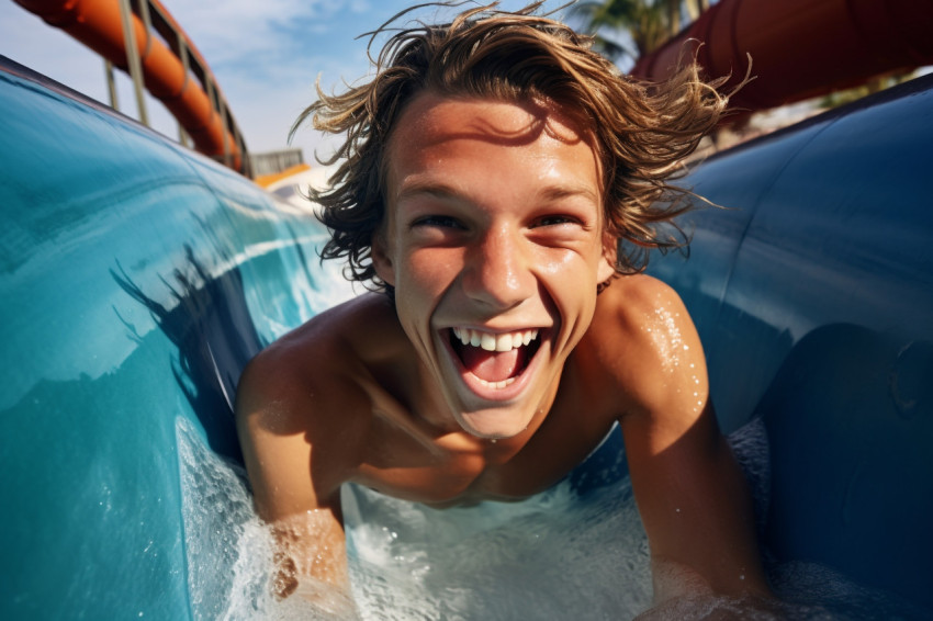 Picture of a young guy going down a water slide Picture of a young guy going down a water slide