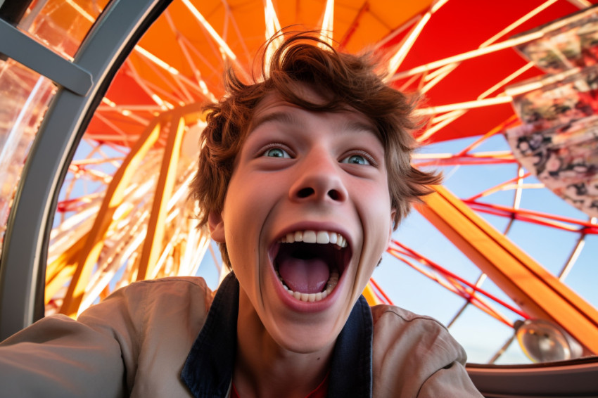 A photo of a very happy young man taking a selfie in a ferris wheel cabin A photo of a very happy young man taking a selfie in a ferris wheel cabin