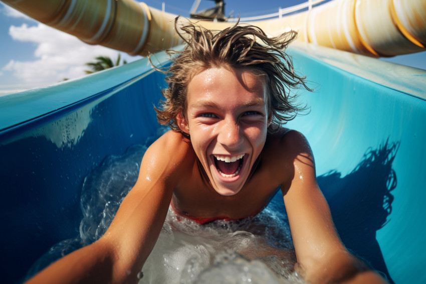 Picture of a young guy going down a water slide Picture of a young guy going down a water slide