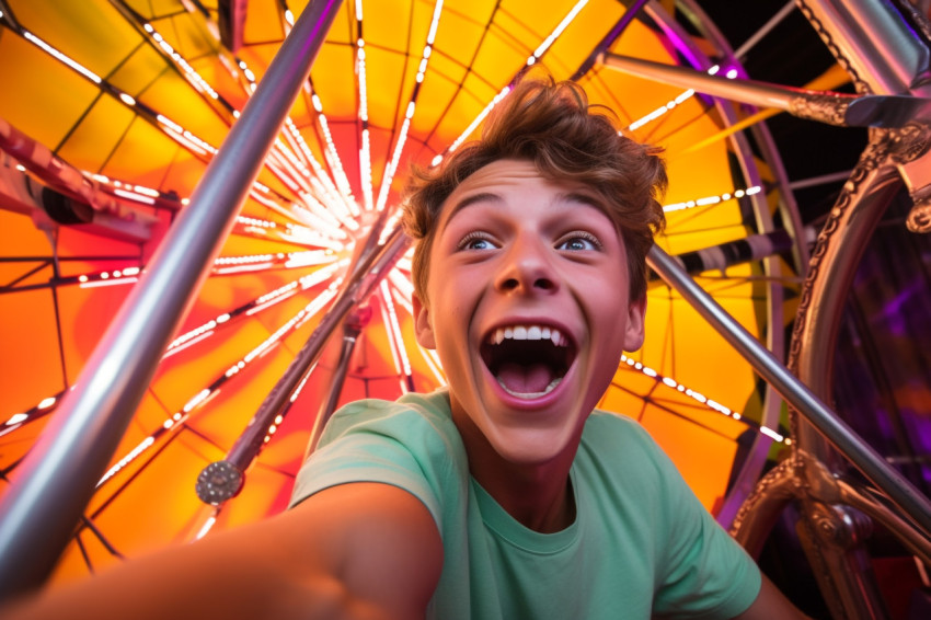 A photo of a very happy young man taking a selfie in a ferris wheel cabin A photo of a very happy young man taking a selfie in a ferris wheel cabin