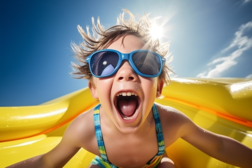 A picture of a happy child in a swimsuit and goggles laughing and looking at the camera while going down a water slide at a park A picture of a happy child in a swimsuit and goggles laughing and looking at the camera while going down a water slide at a park