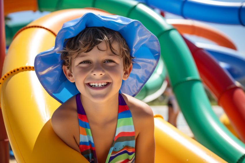 Photo of a healthy happy child near a blue swimming pool with water slides in a water park during the summer Photo of a healthy happy child near a blue swimming pool with water slides in a water park during the summer
