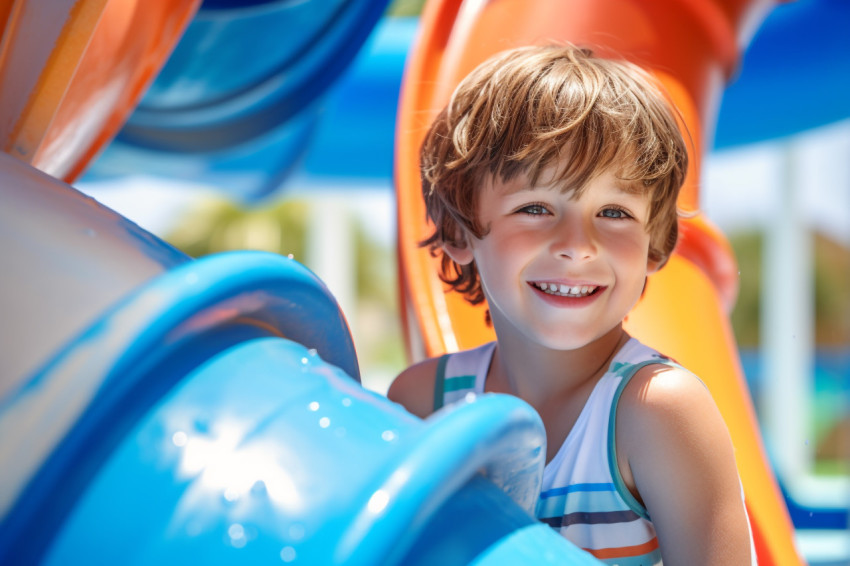 Photo of a healthy happy child near a blue swimming pool with water slides in a water park during the summer Photo of a healthy happy child near a blue swimming pool with water slides in a water park during the summer