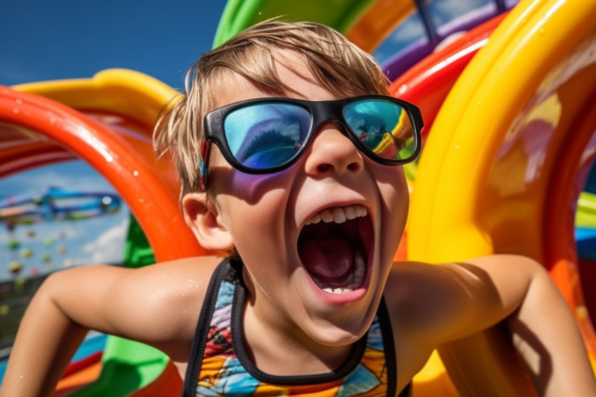 A picture of a happy child in a swimsuit and goggles laughing and looking at the camera while going down a water slide at a park A picture of a happy child in a swimsuit and goggles laughing and looking at the camera while going down a water slide at a park