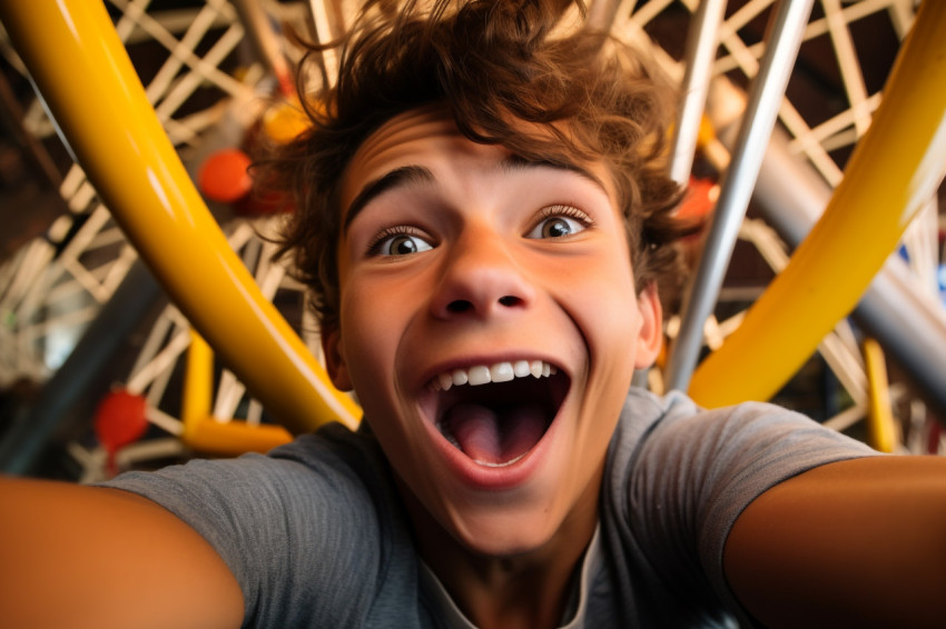A photo of a very happy young man taking a selfie in a ferris wheel cabin A photo of a very happy young man taking a selfie in a ferris wheel cabin