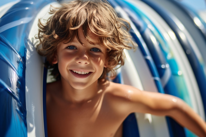 Photo of a healthy happy child near a blue swimming pool with water slides in a water park during the summer Photo of a healthy happy child near a blue swimming pool with water slides in a water park during the summer