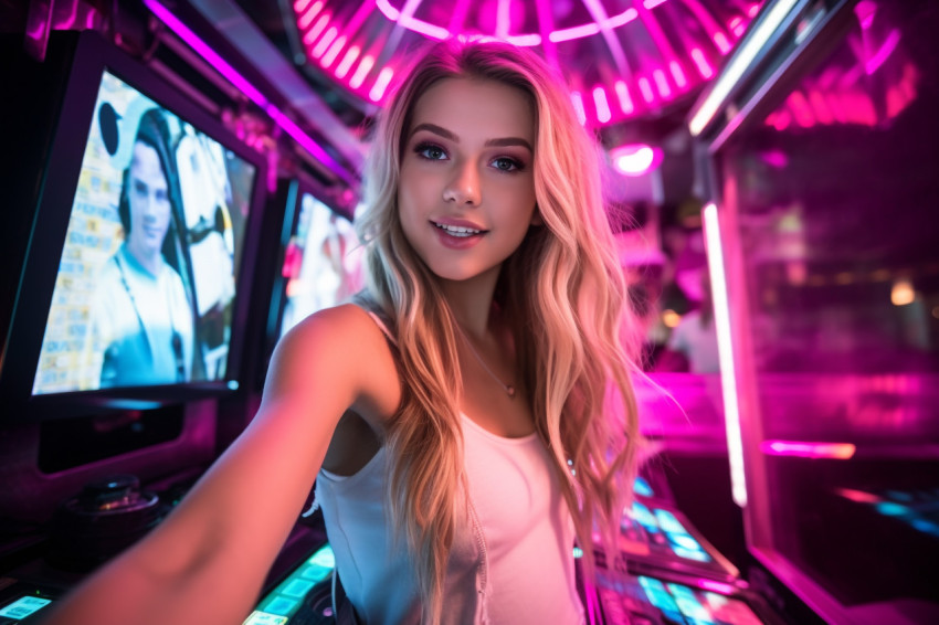 A photo of a female tourist taking a selfie inside a Ferris wheel cabin at an amusement park in the old town square A photo of a female tourist taking a selfie inside a Ferris wheel cabin at an amusement park in the old town square