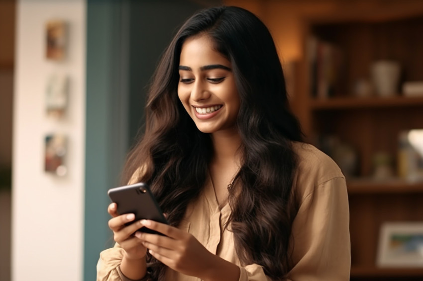 A photo of a happy Indian girl in her living room texting on her smartphone A photo of a happy Indian girl in her living room texting on her smartphone